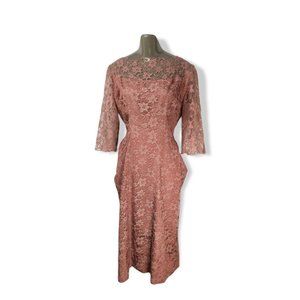 Vintage 1950s - 1970s Women's Pink Blush Mauve Lace Overlay Dress Size Medium